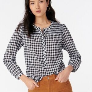 J. Crew Smocked Popover Black & White Crinkled Gingham Top | Size XS | Like New